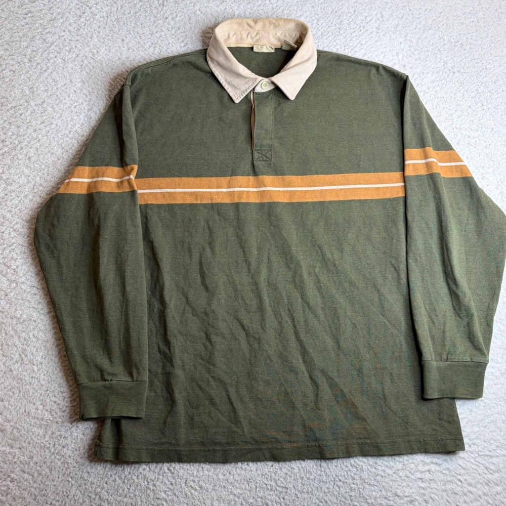 St Johns Bay Mens XL Rugby Shirt Long Sleeve Olive Green Orange Stripe Polo